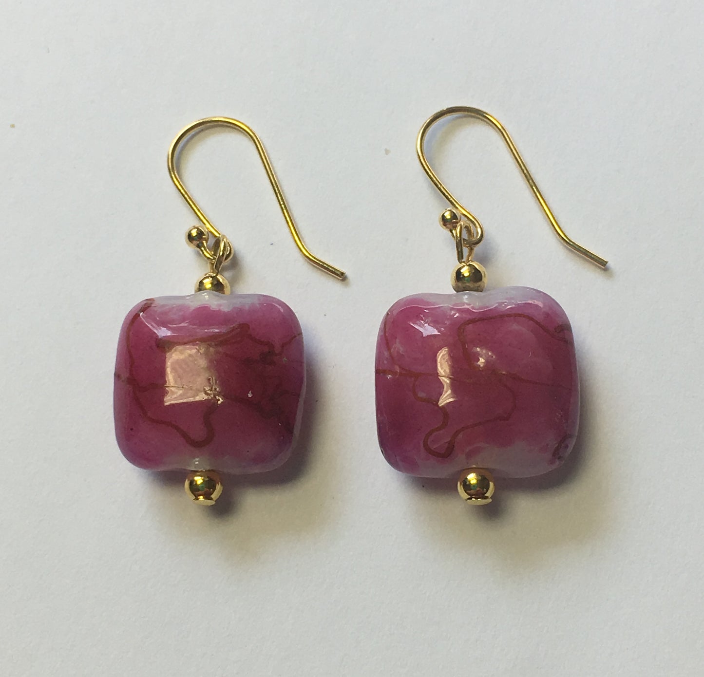 Neon Pink Drizzle Rounded Square Glass Bead Earrings With 14K Gold-Plated Beads and Ear Wires