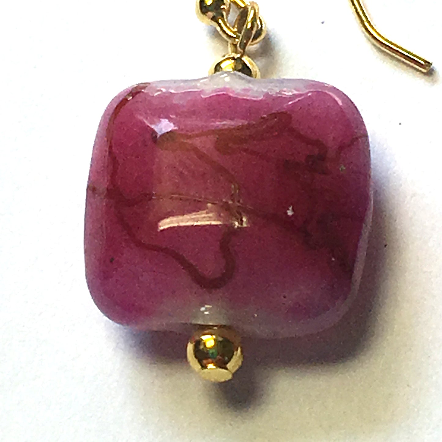 Neon Pink Drizzle Rounded Square Glass Bead Earrings With 14K Gold-Plated Beads and Ear Wires
