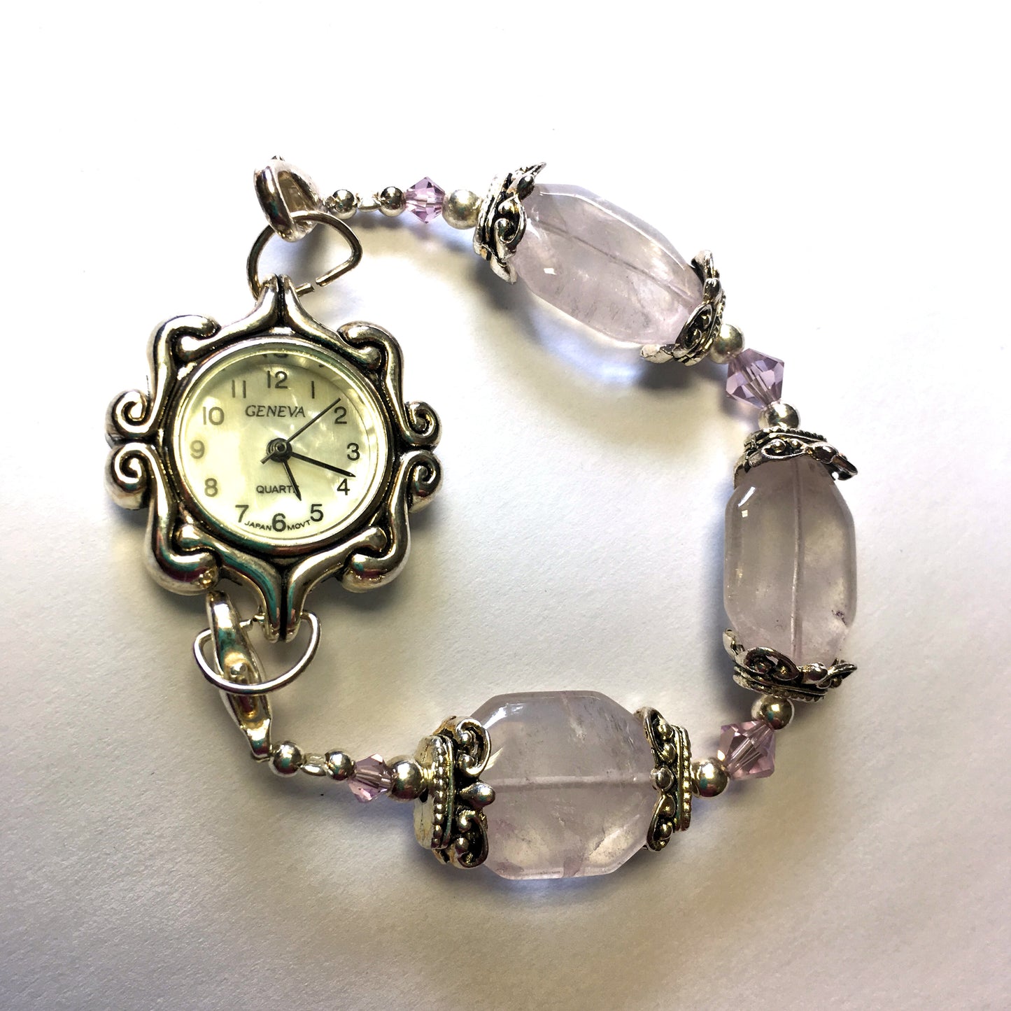 Swarovski Watch With Silver Plated, Swarovski Pink Crystals and Pink Quartz Beads, Size 6