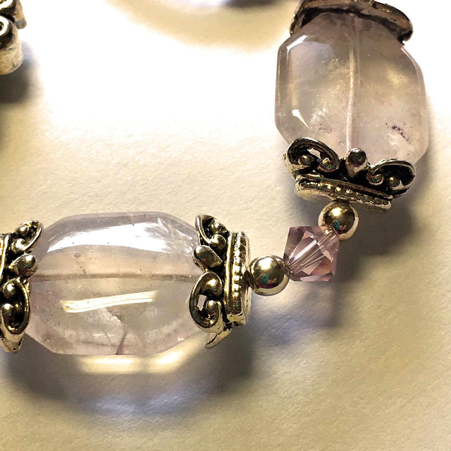 Swarovski Watch With Silver Plated, Swarovski Pink Crystals and Pink Quartz Beads, Size 6