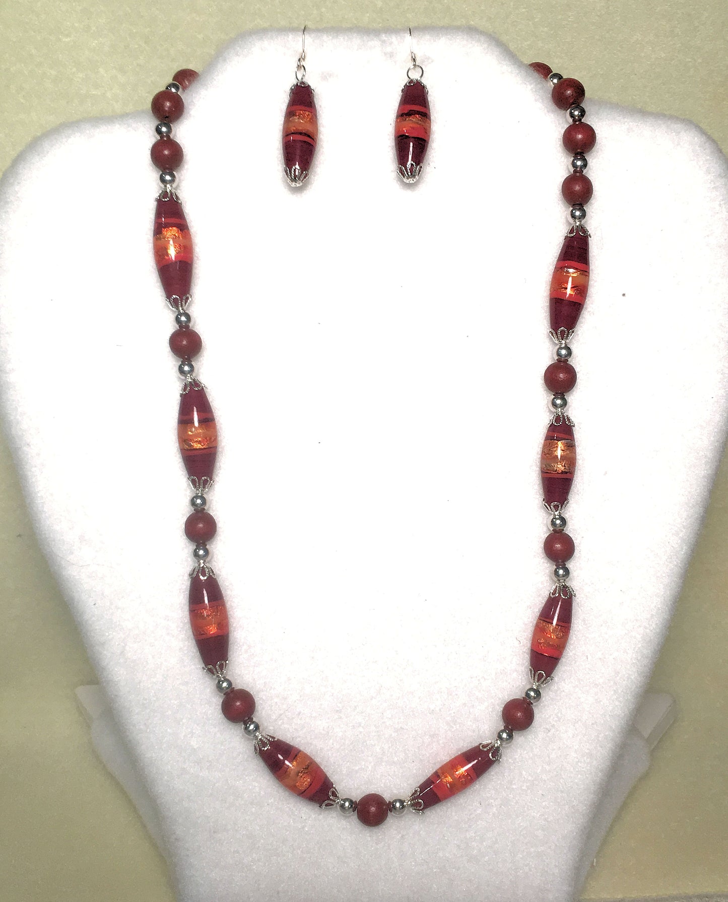 Red Glass Foil and Silver Oval Bead Necklace and Earrings Set
