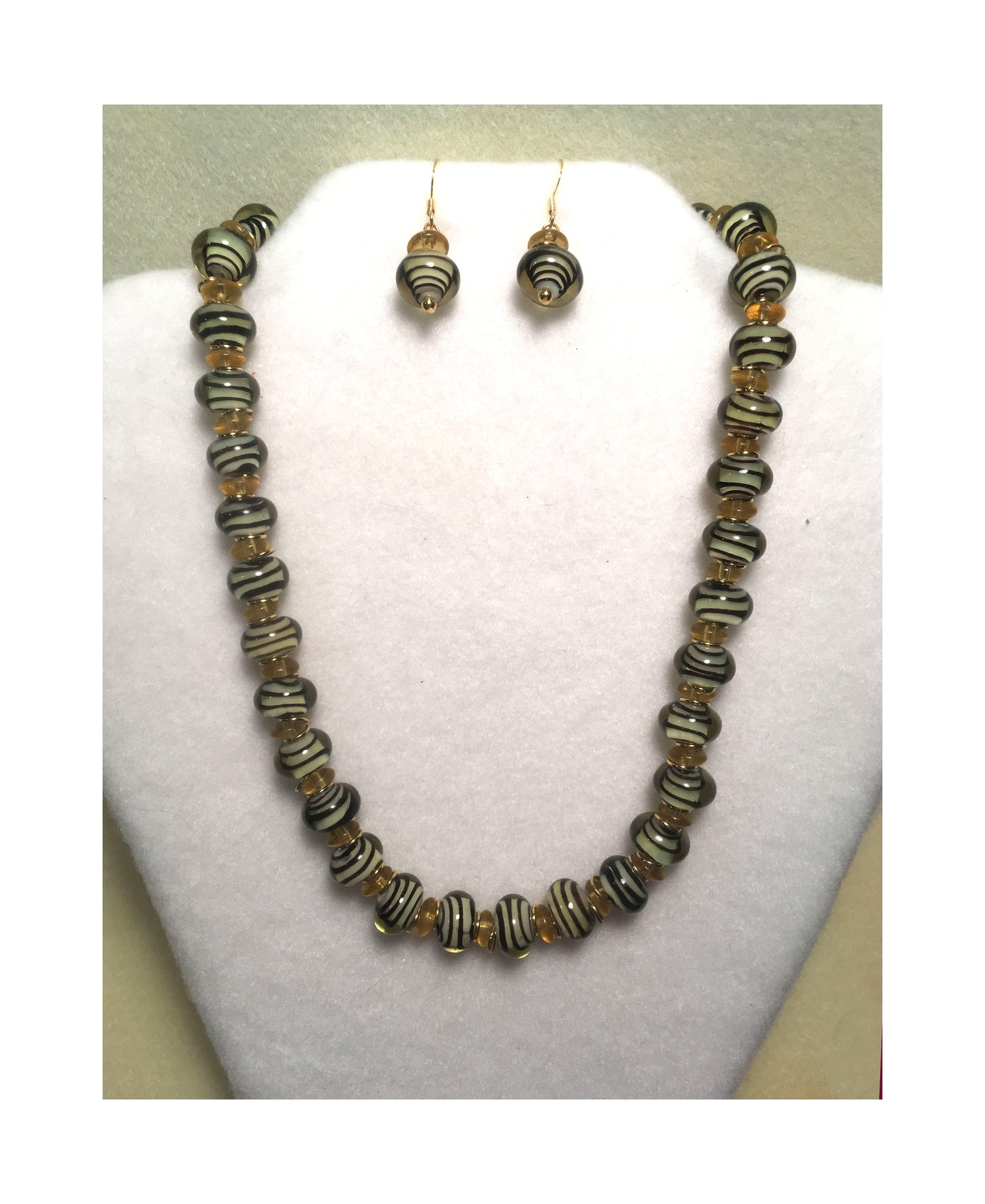 Black Swirls in Gold Glass Necklace and Earring Set
