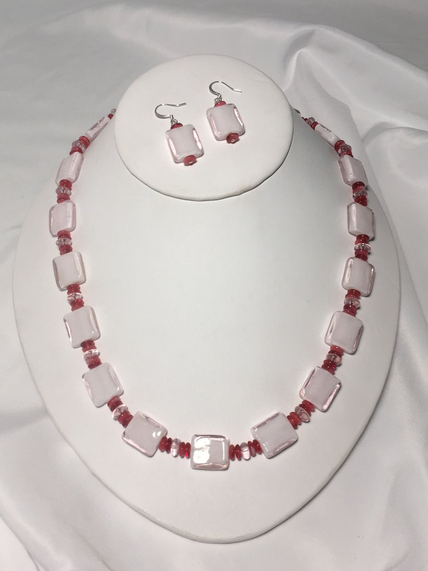 Pink Glass Squares Necklace and Earring Set