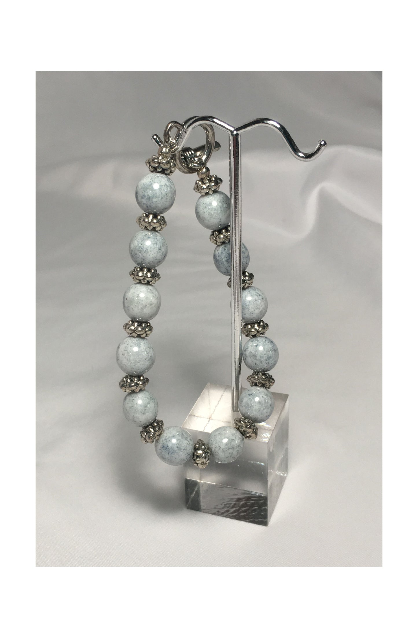 Blue Speckled White Glass and Silver Bead Bracelet