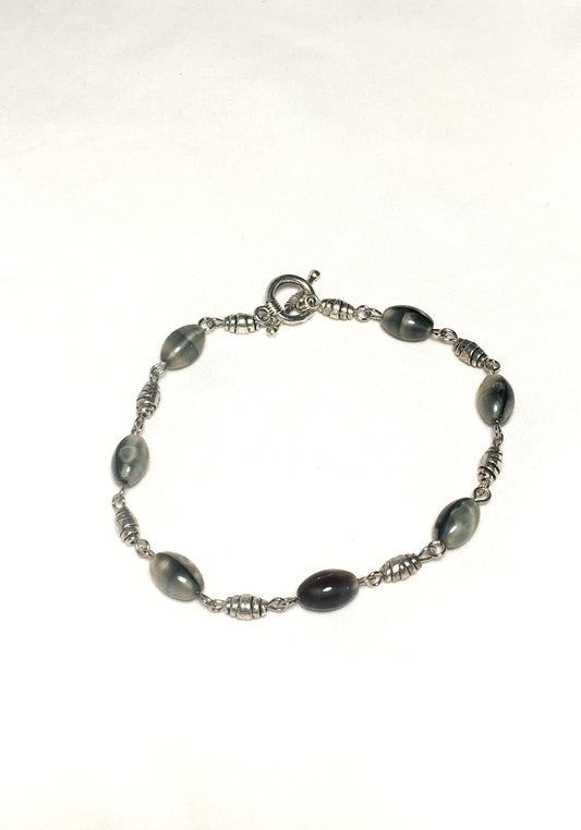 Faux Mother of Pearl Glass and Silver Crescent Bead Bracelet