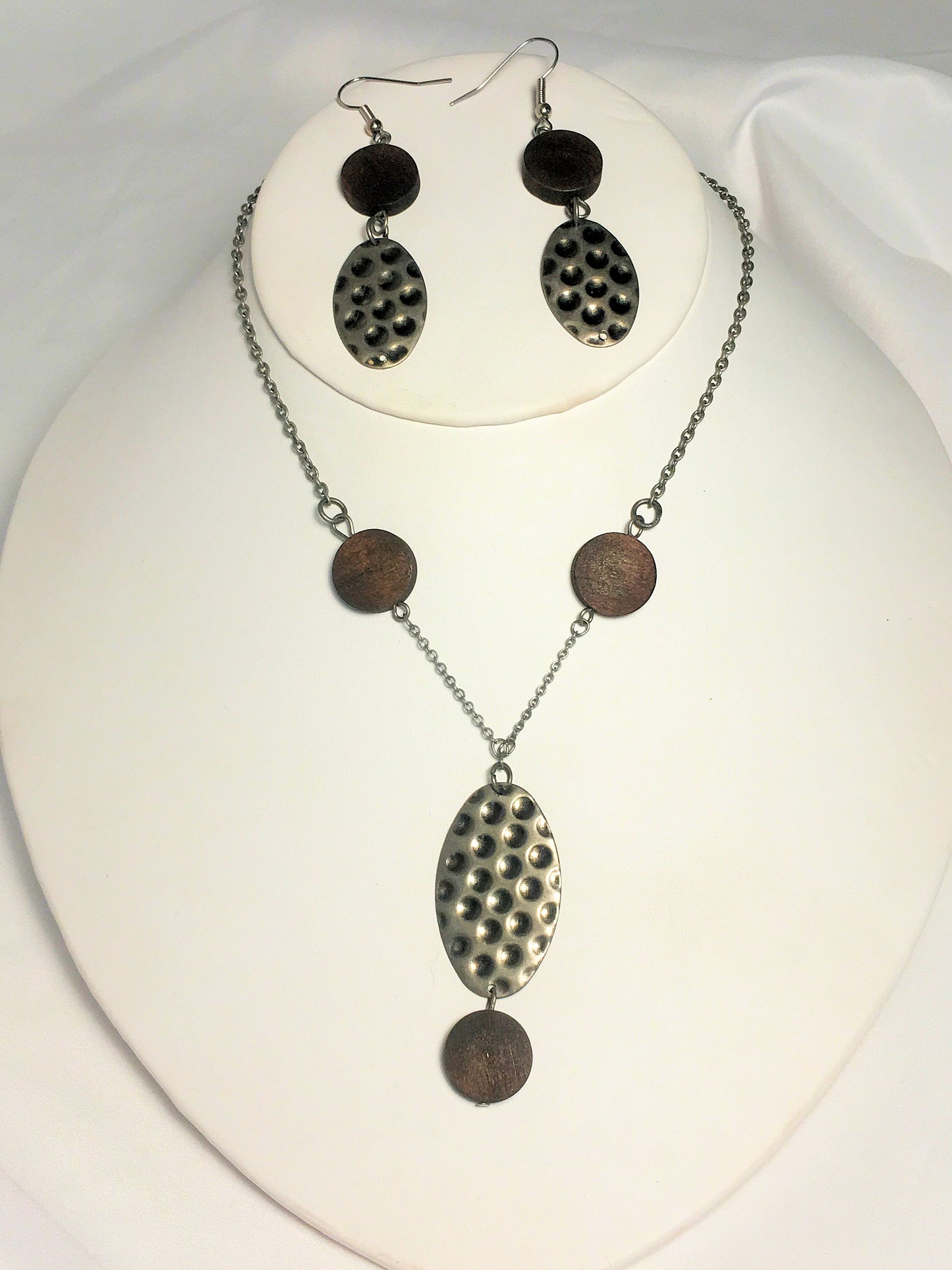 Hammered Metal and Wood Necklace and Dangle Earring Set