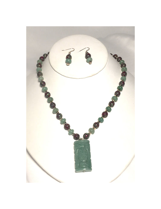 Jade Pendant and Picasso Bead Necklace and Dangle Earrings Set