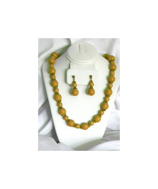 Brown and Gold Beaded Necklace and Earrings Set