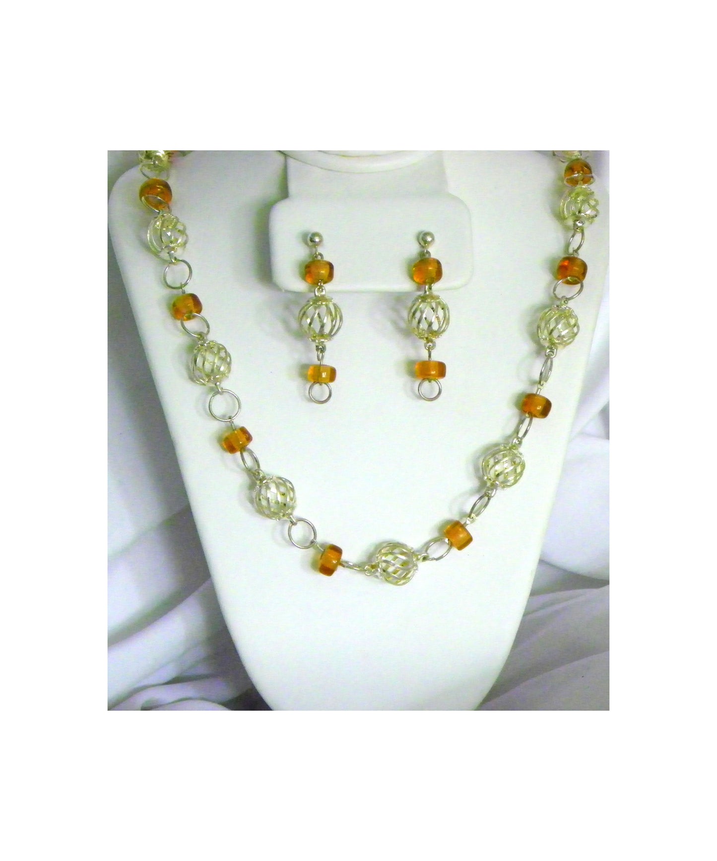 Silver Plated Spiral Wire Ball and Amber Beads Necklace and Earring Set