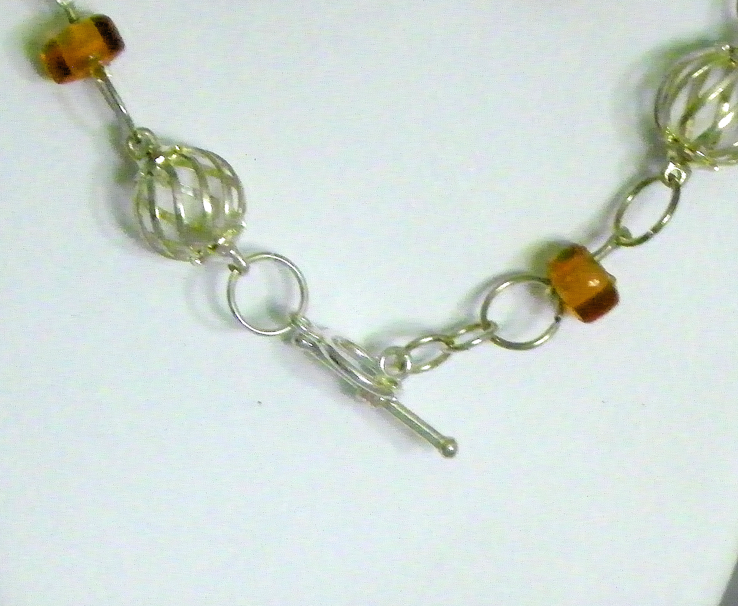 Silver Plated Spiral Wire Ball and Amber Beads Necklace and Earring Set