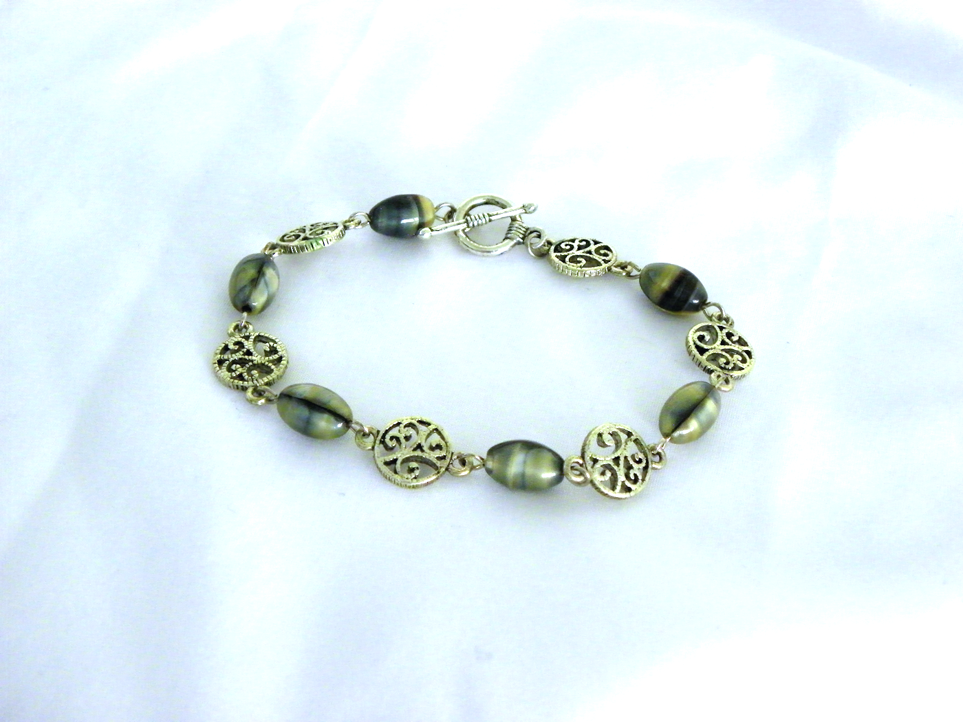 Faux Mother of Pearl Glass Bead Bracelet with Silver Metal Vine Bead Spacers