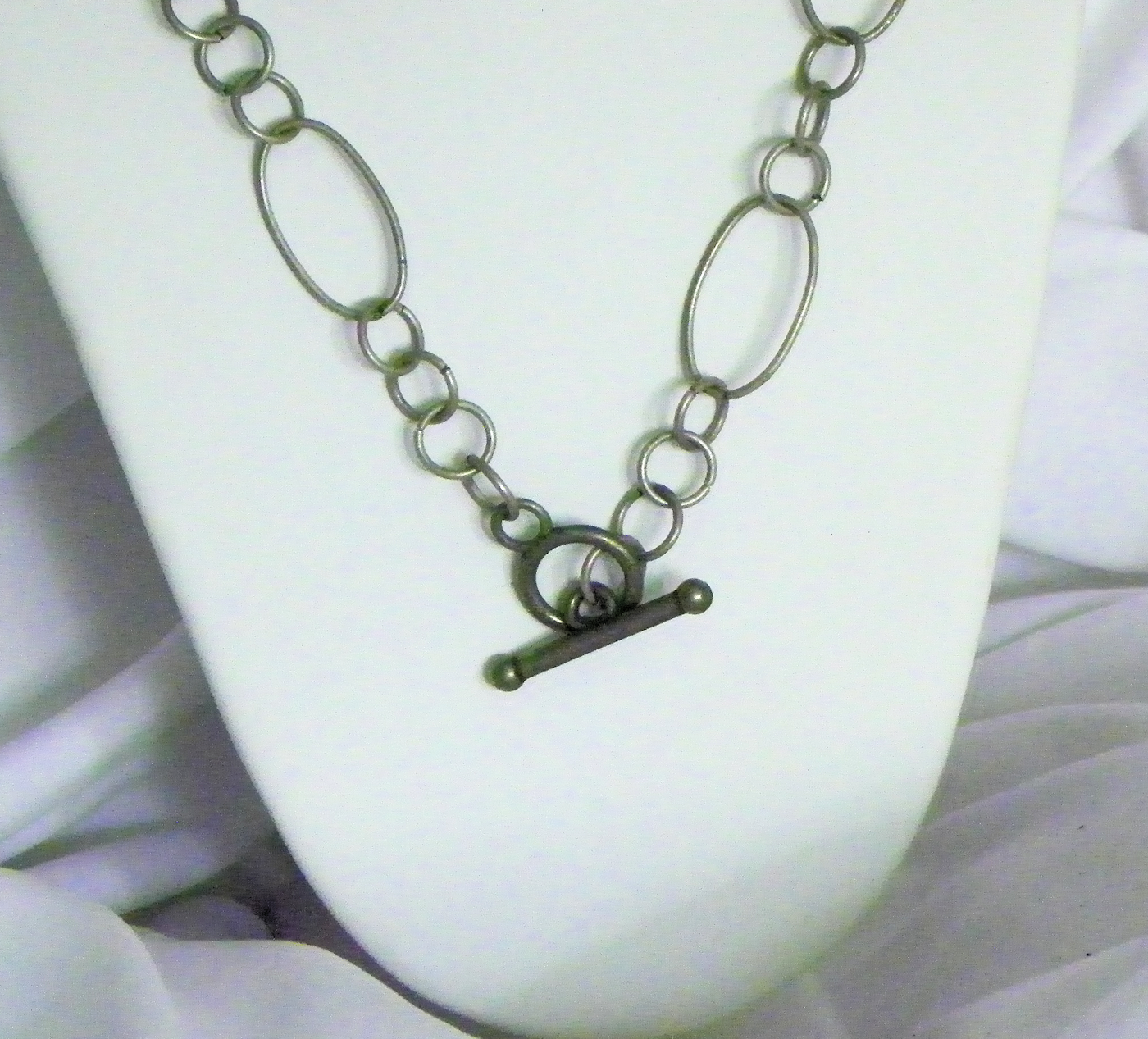 Pewter Finish Chain and Green Lampwork Glass Bead Necklace