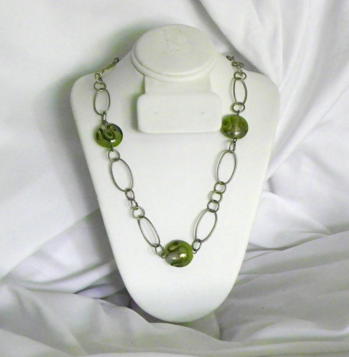 Pewter Finish Chain and Green Lampwork Glass Bead Necklace