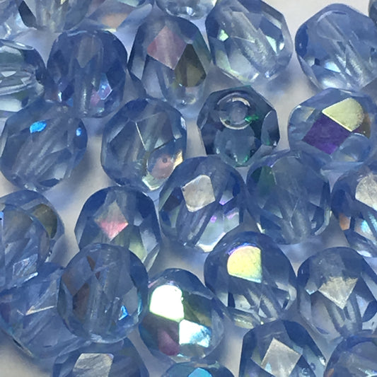 Czech Fire Polished Transparent Light Sapphire AB Glass Faceted Round Beads, 6 mm - 27 Beads