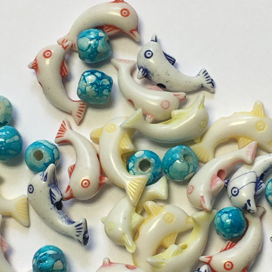 Dolphins and Balls Acrylic Beads, 12 x 7 and 4.25 mm, 27 and 17 Beads