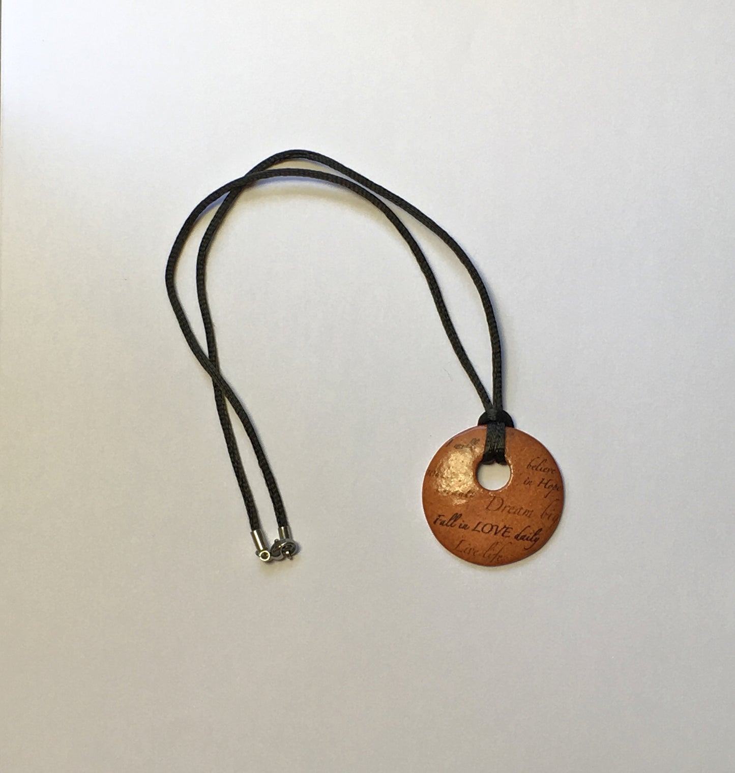 Brown Wooden Flat Round Pendant on Black Silk Cord Necklace