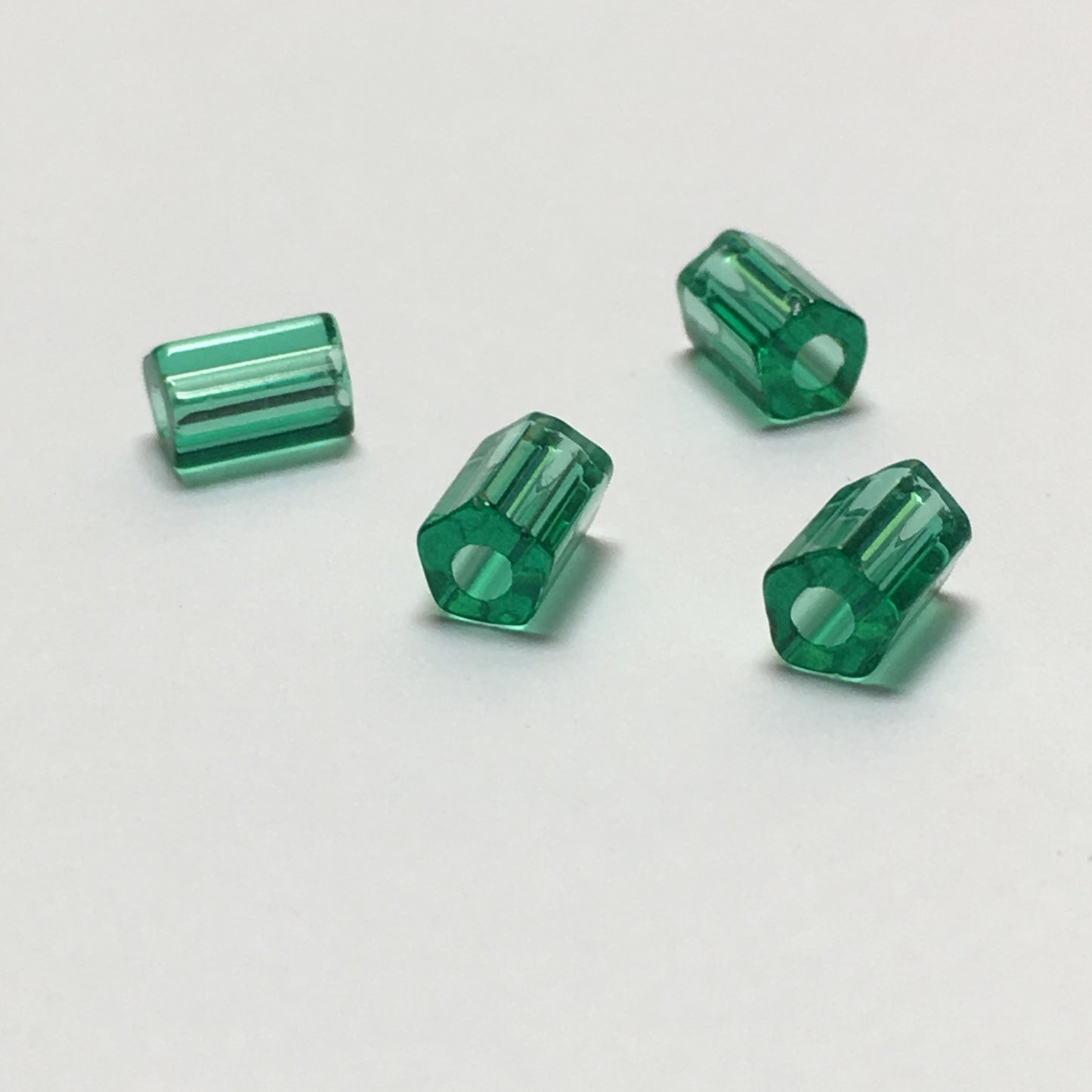 Transparent Emerald Green Glass Hex Tube Beads, 6 x 4 mm, 4 Beads