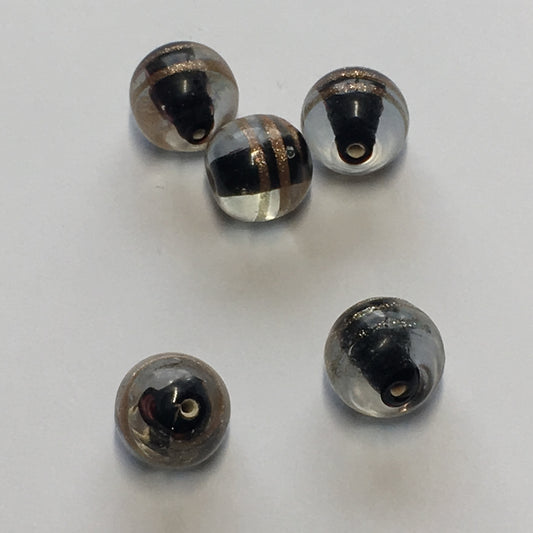 Clear Black Lined Glass Lampwork Round Beads with Copper Foil Swirls, 12 mm, 5 Beads
