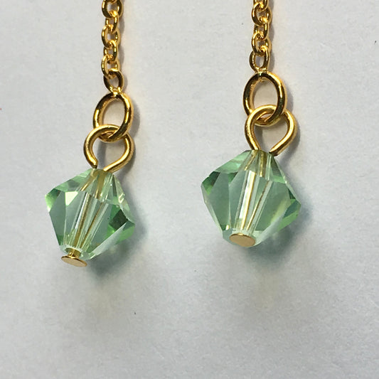 Gold Plated Post Dangle Earrings with Erinite Green Swarovski Crystal on Chain, 60 mm