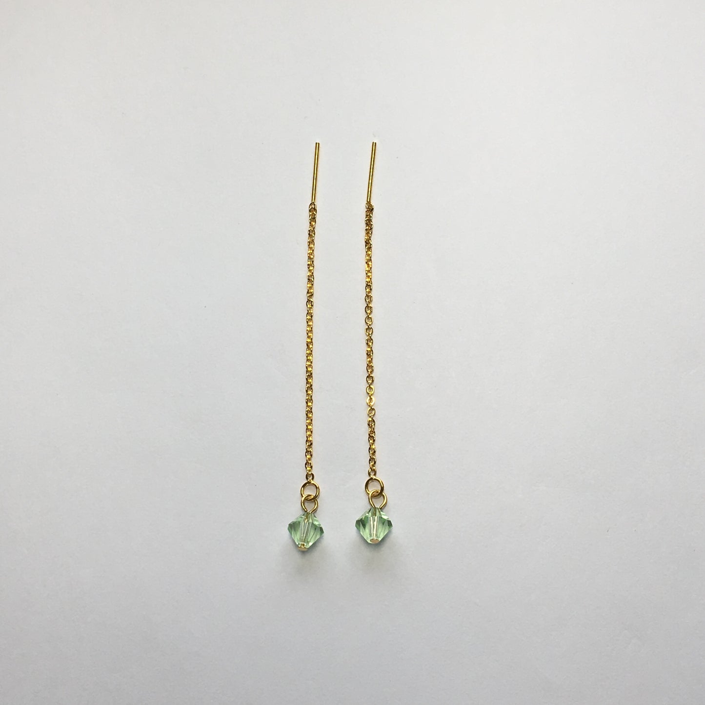 Gold Plated Post Dangle Earrings with Erinite Green Swarovski Crystal on Chain, 60 mm