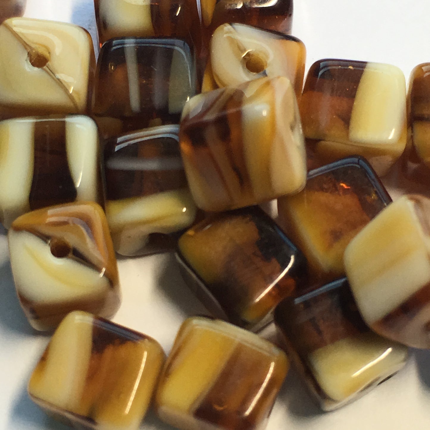 Amber Mixed with Cream Beige Glass Cube / Square Beads, 6 mm - 25 Beads