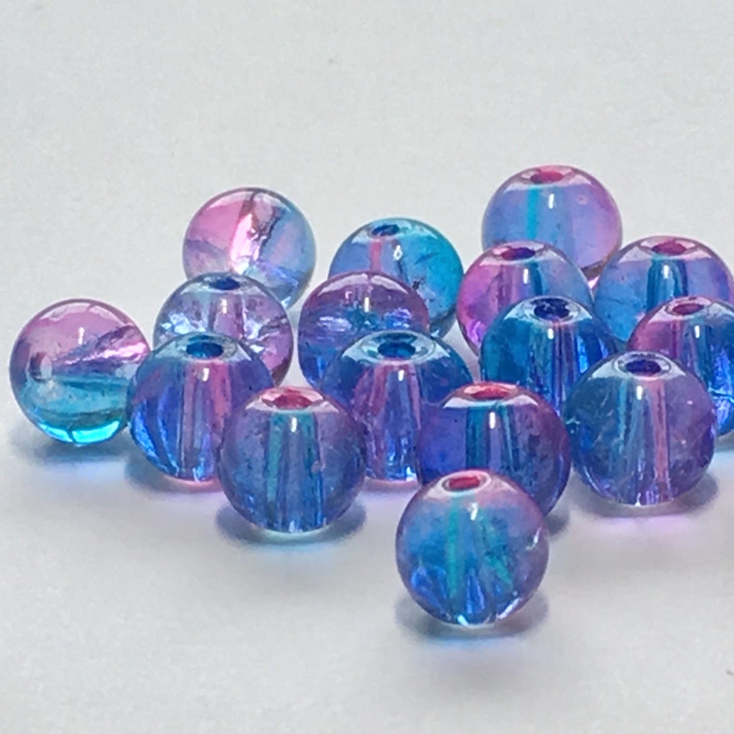 Transparent Two-Tone Pink and Blue Glass Round Beads, 6 mm, 20 Beads
