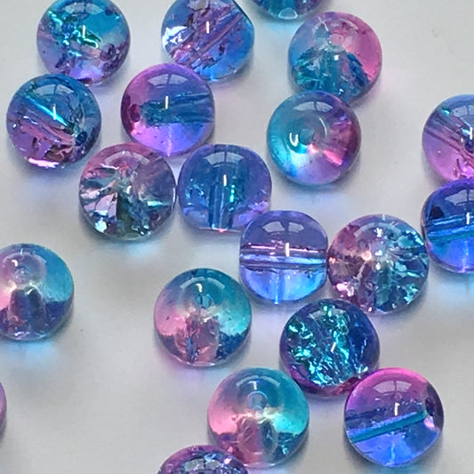 Perles rondes en verre transparent bicolore rose et bleu, 8 mm, 20 perles