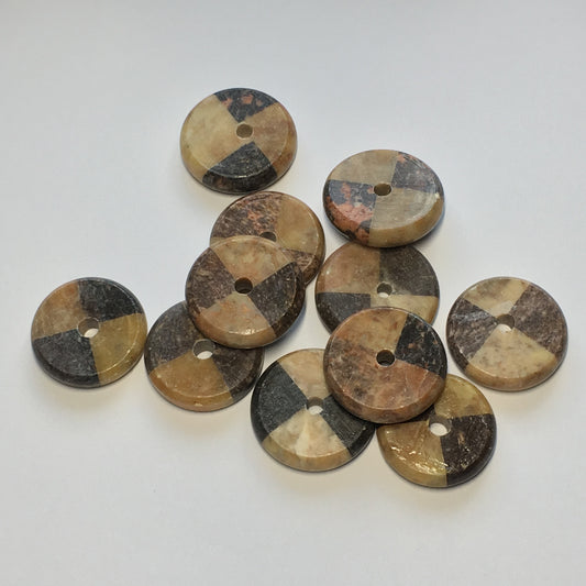 Geometric Black and Tan Natural Stone Round Disc Beads 25 mm, 5 mm Thick, 10 Beads