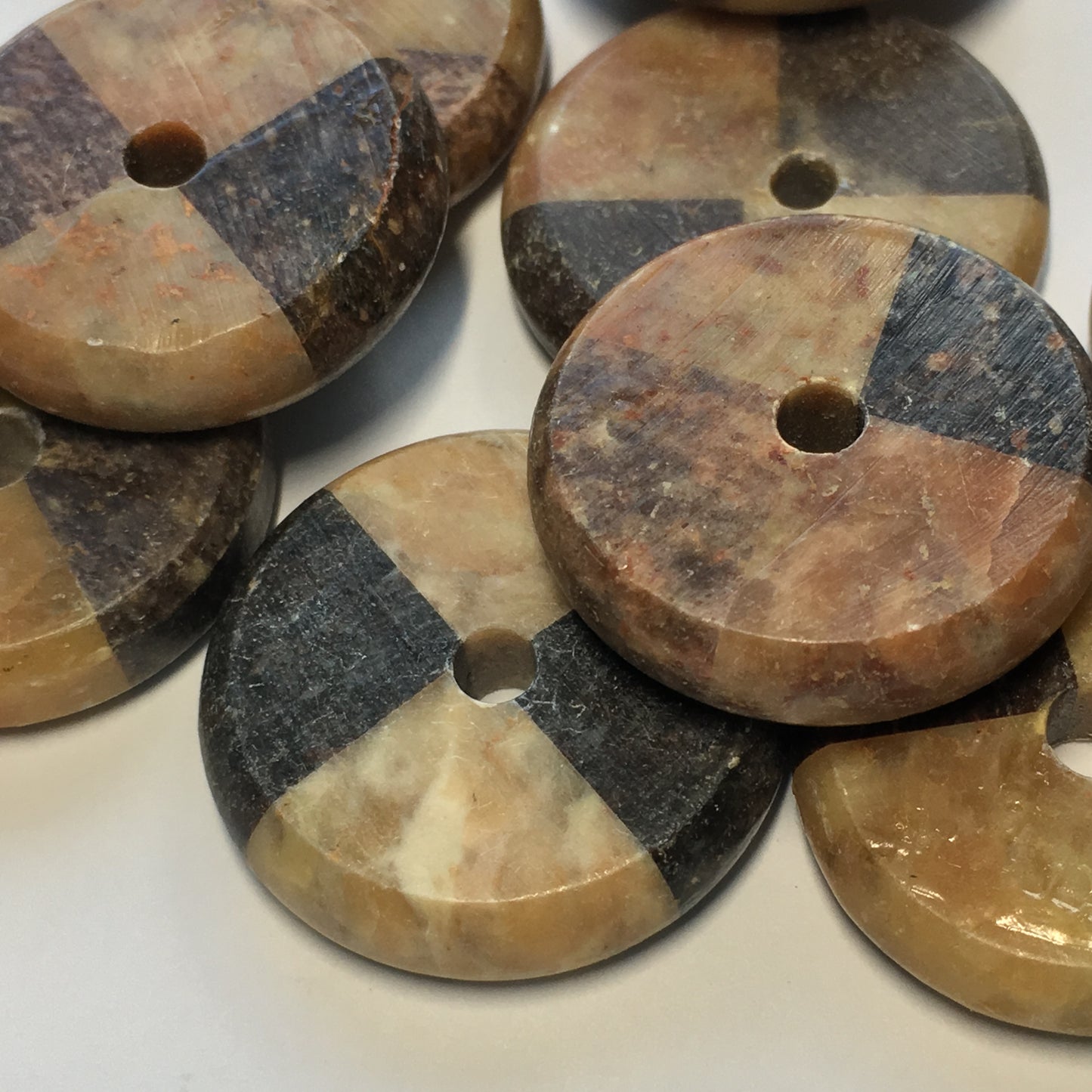 Geometric Black and Tan Natural Stone Round Disc Beads 25 mm, 5 mm Thick, 10 Beads