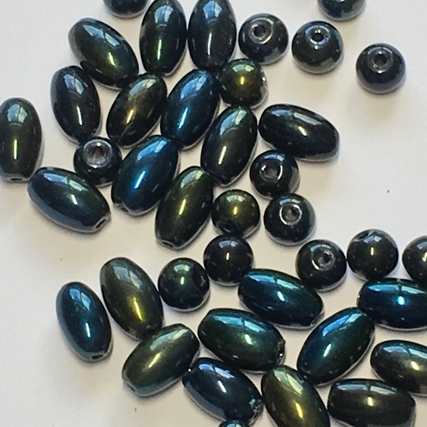 Metallic Blue Green Oval and Round Beads, 7 x 4 mm and 4 mm, 51 Beads