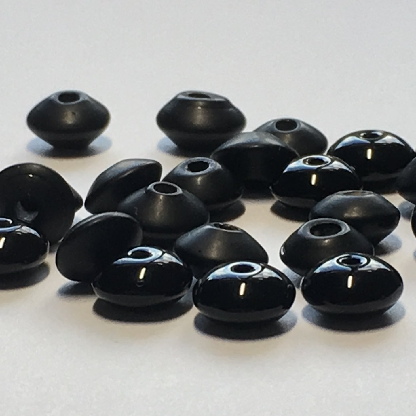 Opaque Jet Black, Glossy and Matte, Lampwork Glass Saucer Beads - 26 Beads