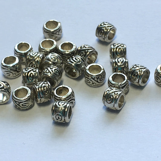 Antique Silver Metal Spiral Barrel Beads, Large Hole, 3 x 4 mm - 20 Beads