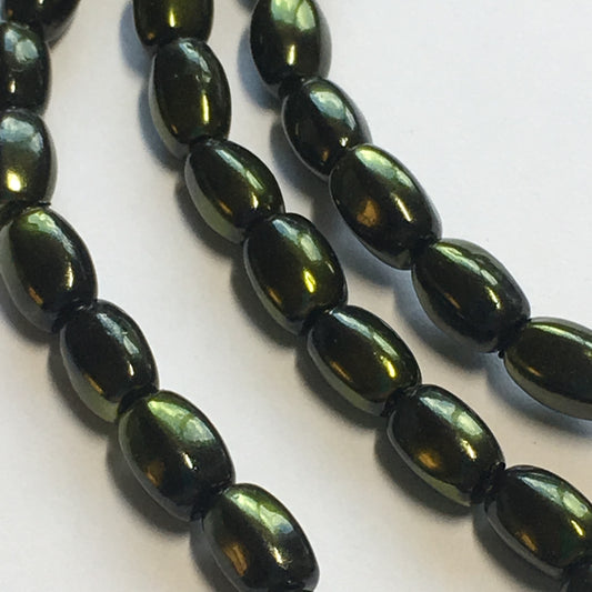 Czech Metallic Green Glass Rice Beads, 6 x 4 mm - 25 Beads