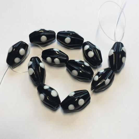 Opaque Black Lampwork Glass Oval Beads With White Polka Dots, Approx. 20 x 10 mm - 11 Beads