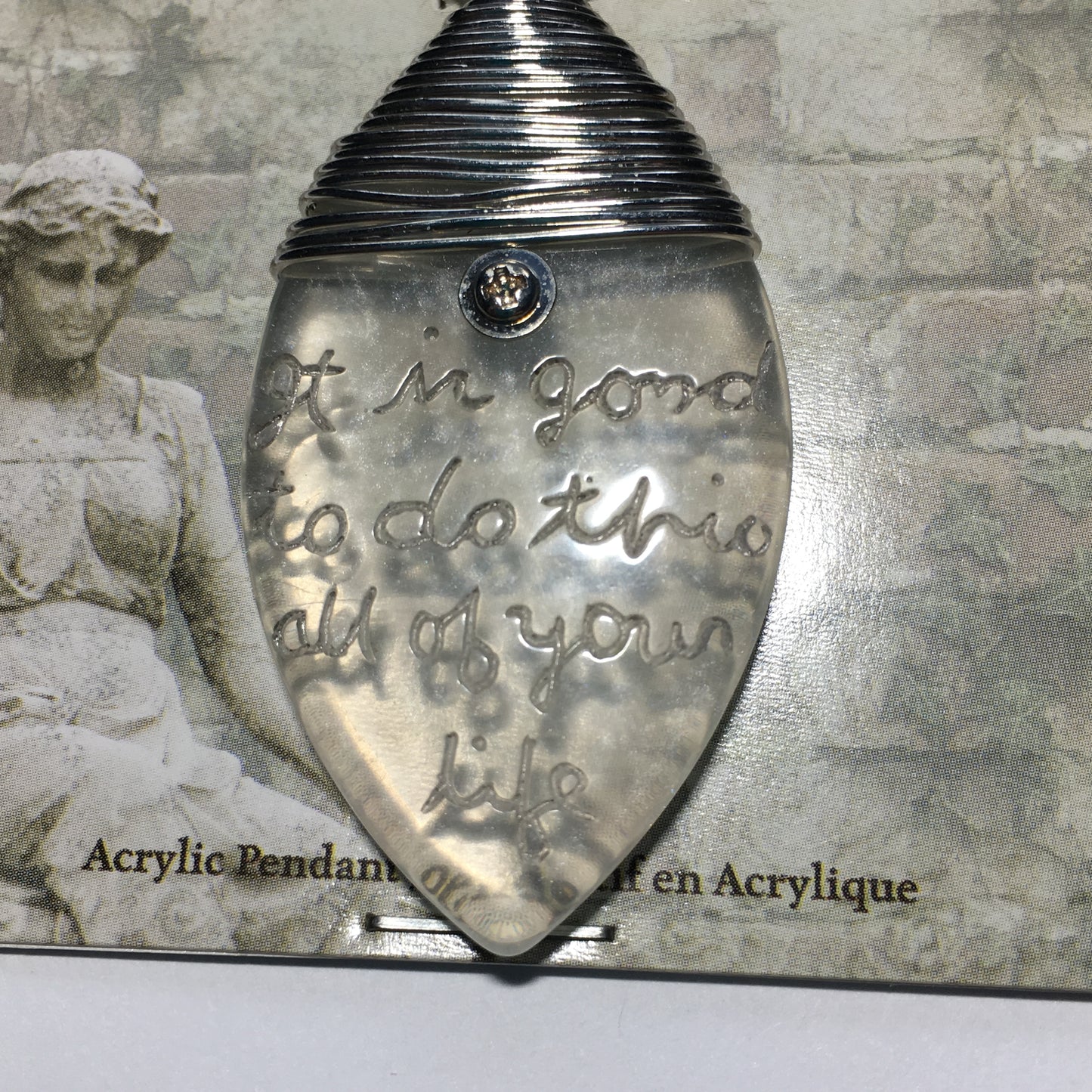 Blue Moon Manor House Acrylic Wire Wrapped Flat Drop Pendant With Words, 55 x 30 x 6.5 mm