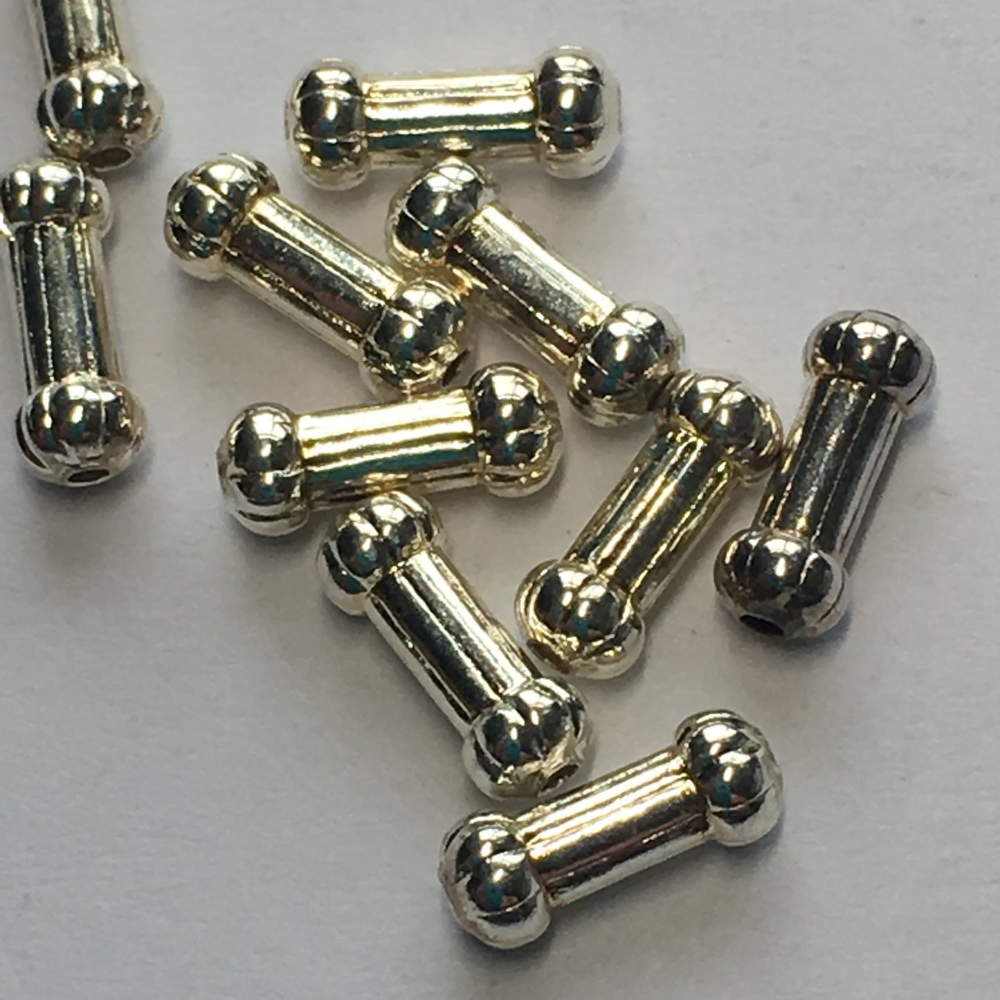 Bright Silver Bone-Shaped Spacer Beads, 7 mm length, 2 mm ends - 10 Beads