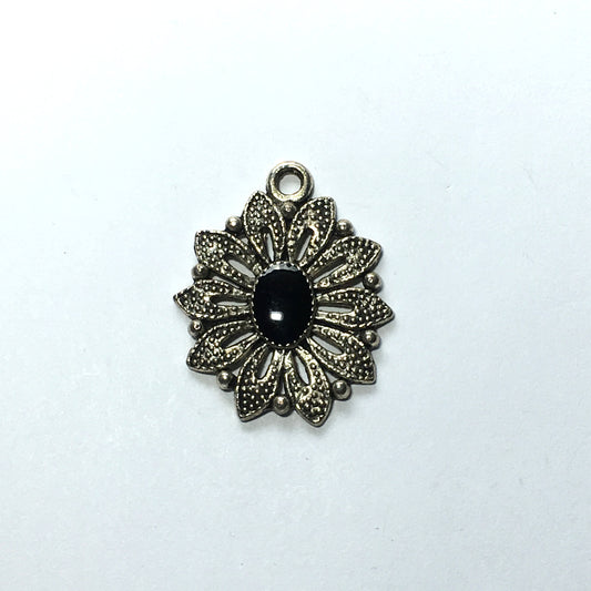 Antique Silver Flower Pendant with Black Enamel Center, 32 x 27 mm