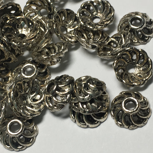 Antique Silver Open Swirl Round Bead Caps, 10 mm - 10 Caps