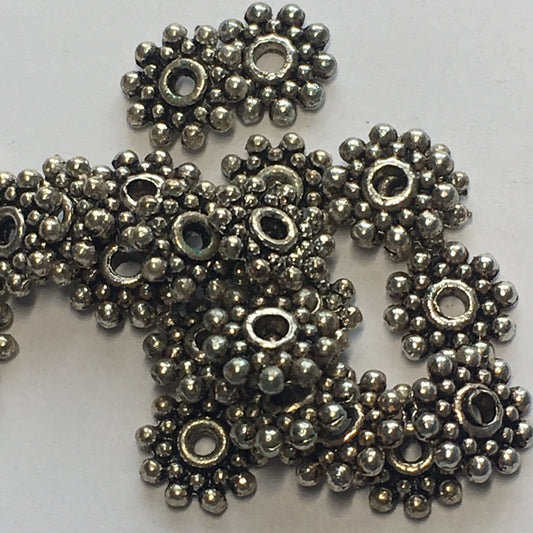 Antique Silver Bali Style Flat Flower Daisy Spacer Beads, 10 mm - 22 Beads