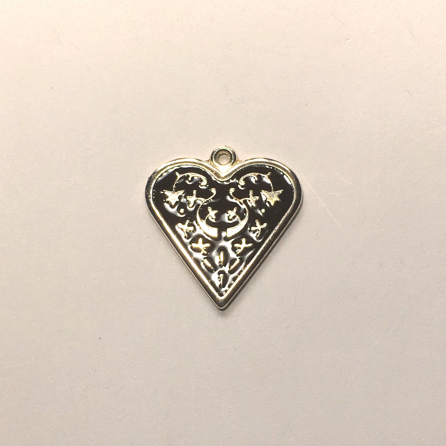 Bright Silver Plated Heart Charm/Pendant with Black Enamel Inlay Flower Design, 25 x 25 mm