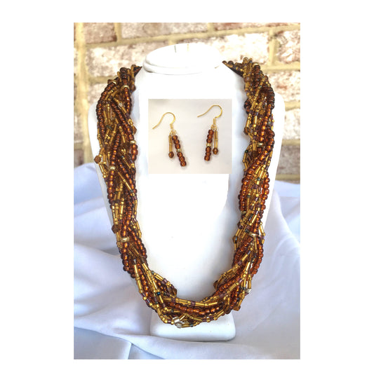 Brown and Gold Braided Bead Necklace and Dangle Earrings Set