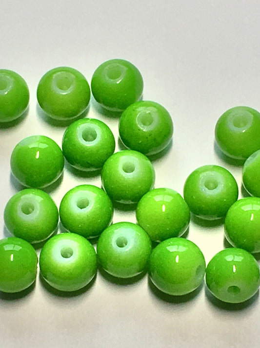 Neon Green Painted Glass Round Beads, 7 mm, 21 Beads