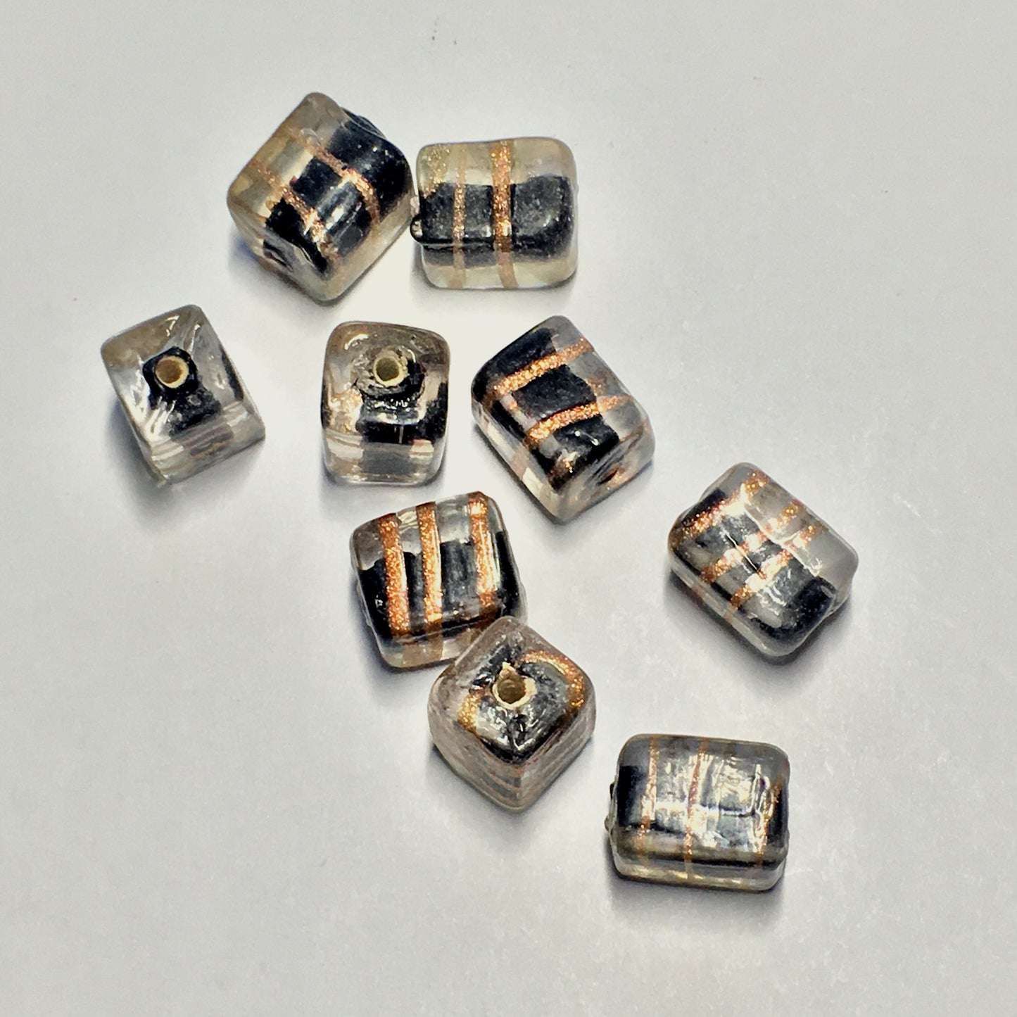 Clear Black Lined Glass Lampwork Rectangle Beads with Copper Foil Swirls, 11 x 8 mm, 9 Beads