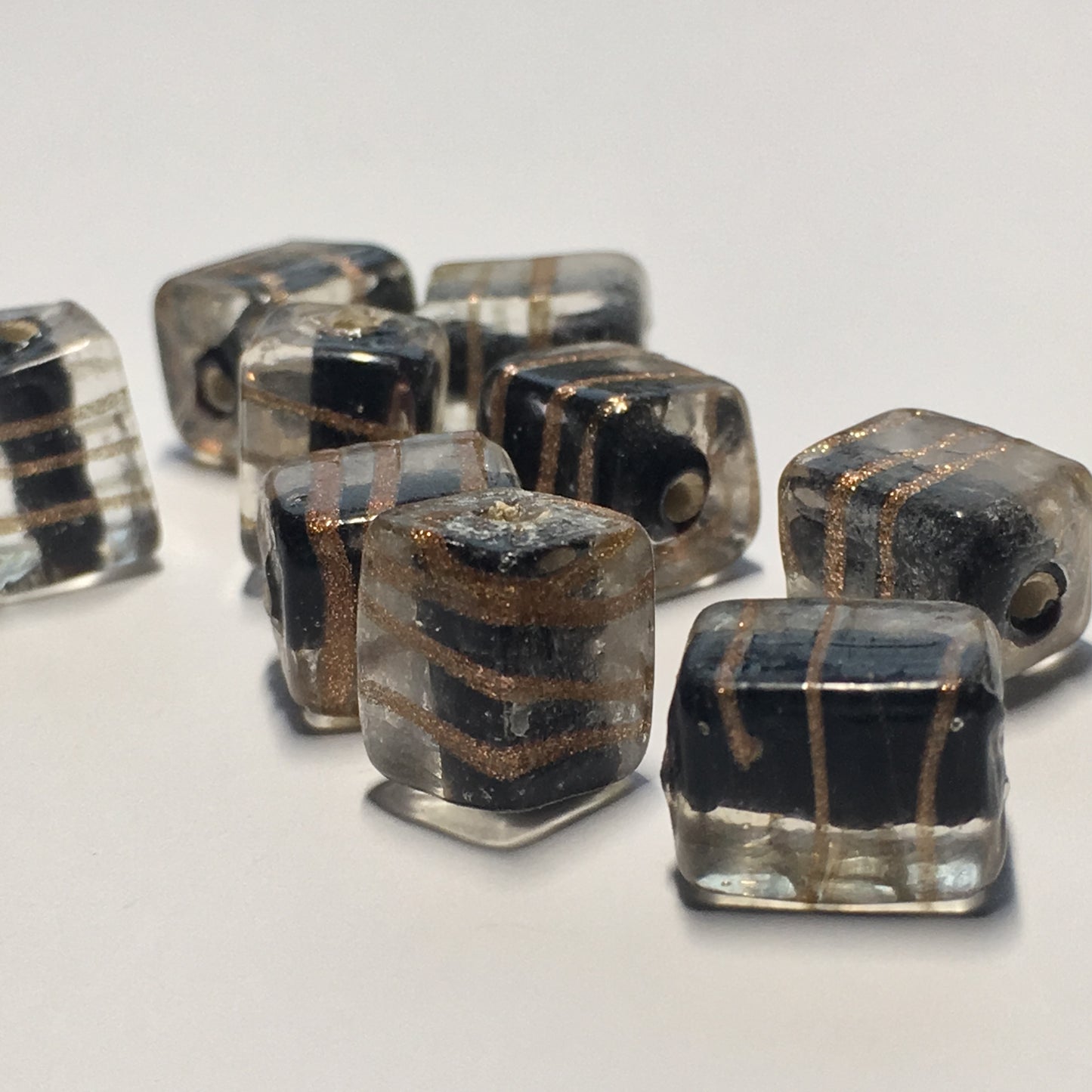 Clear Black Lined Glass Lampwork Rectangle Beads with Copper Foil Swirls, 11 x 8 mm, 9 Beads