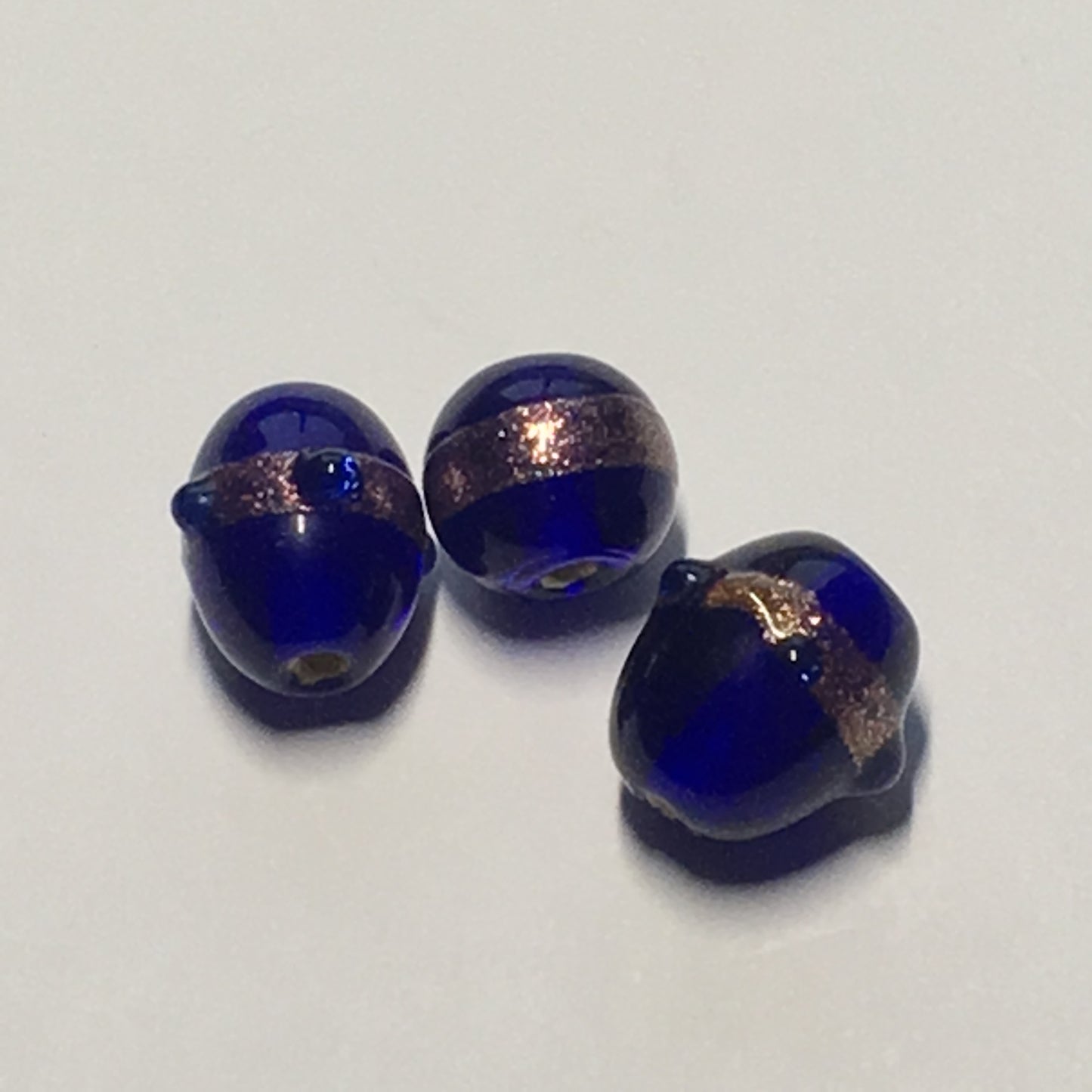 Transparent Cobalt Blue Lampwork Glass with Copper Foil Swirl, Ovals and Round, 3 Beads