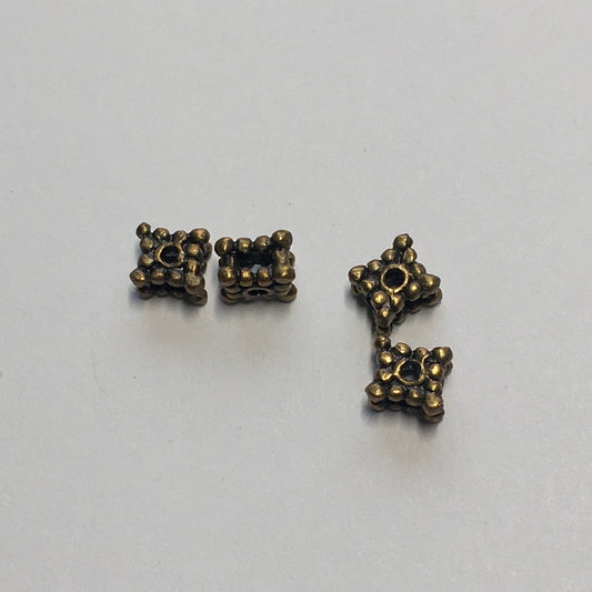 Antique Brass Square Dotted Spacer Beads, 3 x 5 mm - 4 Beads