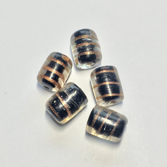Clear Black Lined Glass Lampwork Barrel Beads with Copper Foil Swirls, 12 x 9 mm, 5 Beads