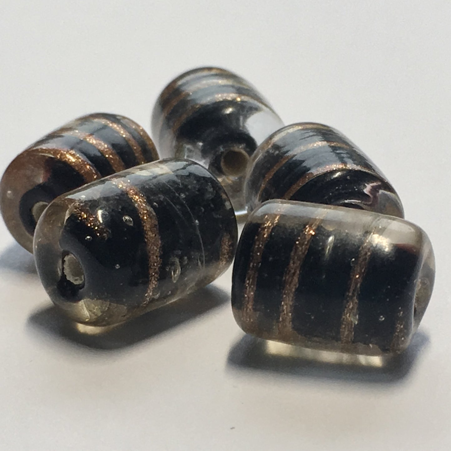 Clear Black Lined Glass Lampwork Barrel Beads with Copper Foil Swirls, 12 x 9 mm, 5 Beads