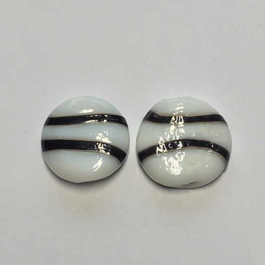Opaque White with Dark Brown Bands Lampwork Glass Coin Beads, 14 x 5 mm - 2 Beads