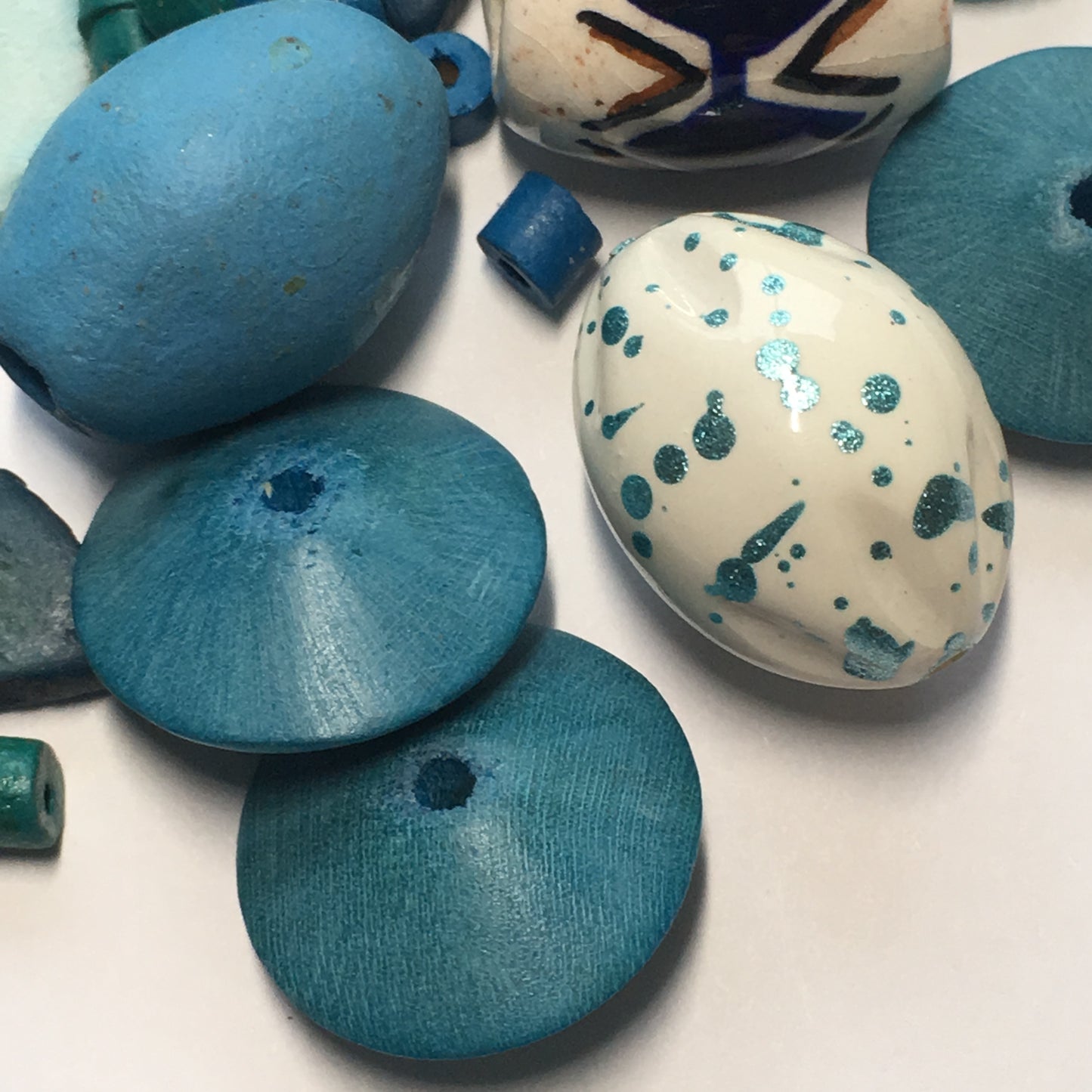 Blue and White Ceramic, Clay and Wooden Bead Mix - 82 Beads